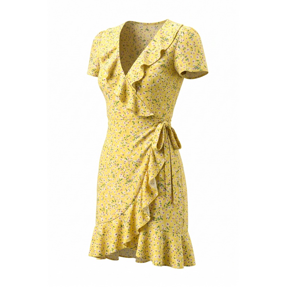 Shein Yellow Floral Ruffle Wrap Mini Dress Shortโ Sleeve V-Neck Size S 4